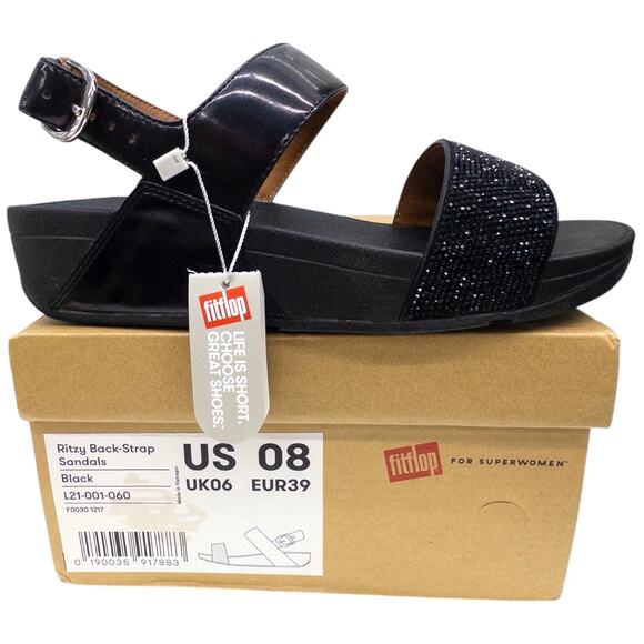 Fitflop Ritzy Back Strap Sandals Women's Size 8 Black Wedge - Picture 1 of 6